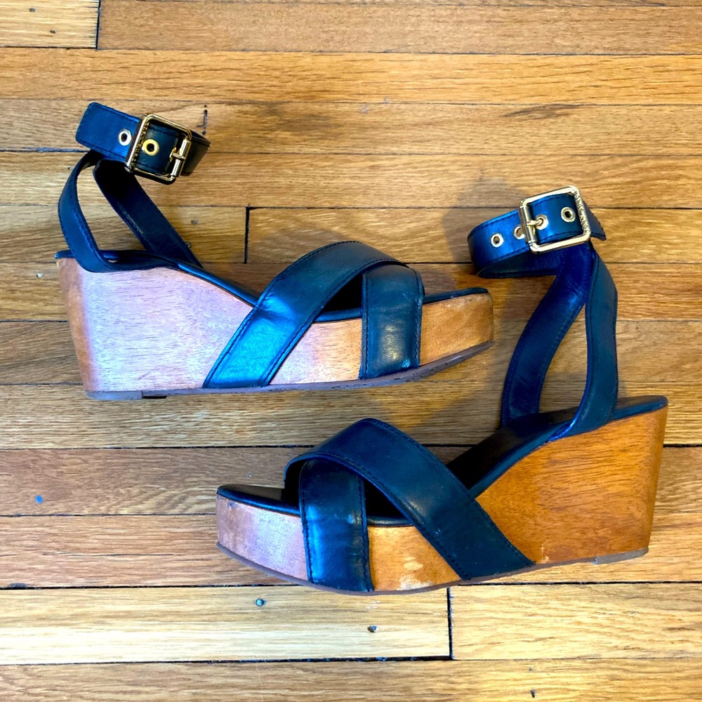Tory Burch Almita Leather and Woode Platform Wedge Size 8